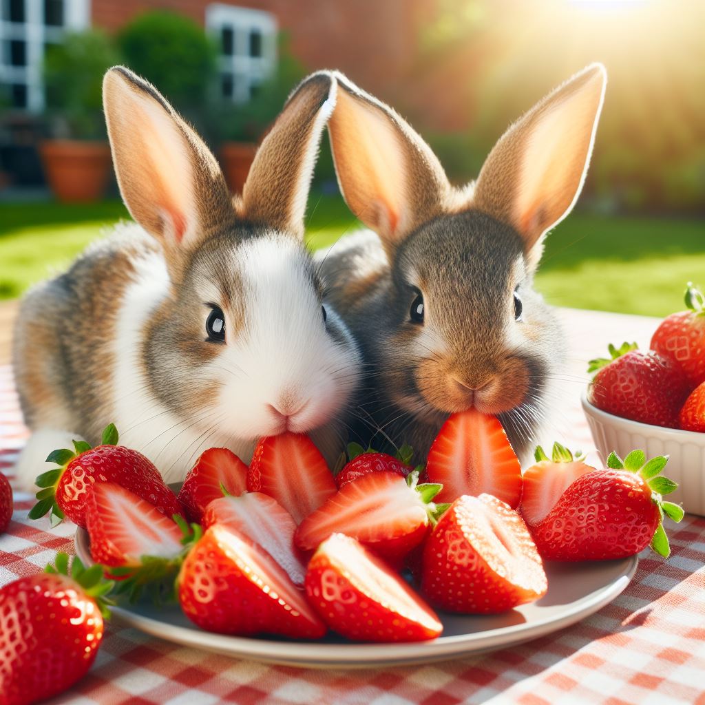 two rabbits eating some freshly sliced strawberries outside on a nice sunny day