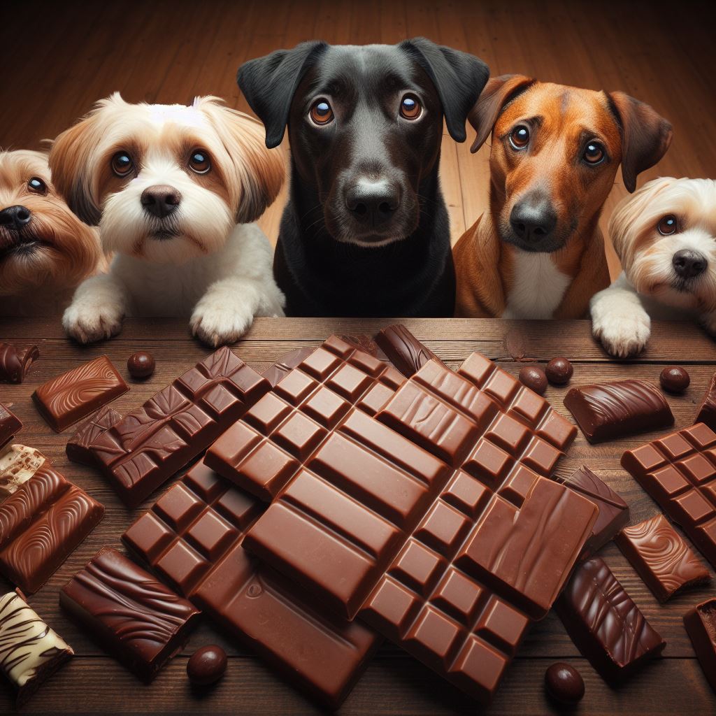 five dogs looking at a lot of dark chocolate on a table