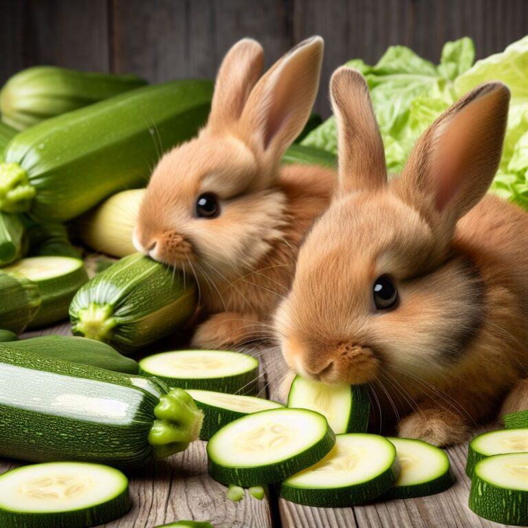 two rabbits munching away on some courgettes