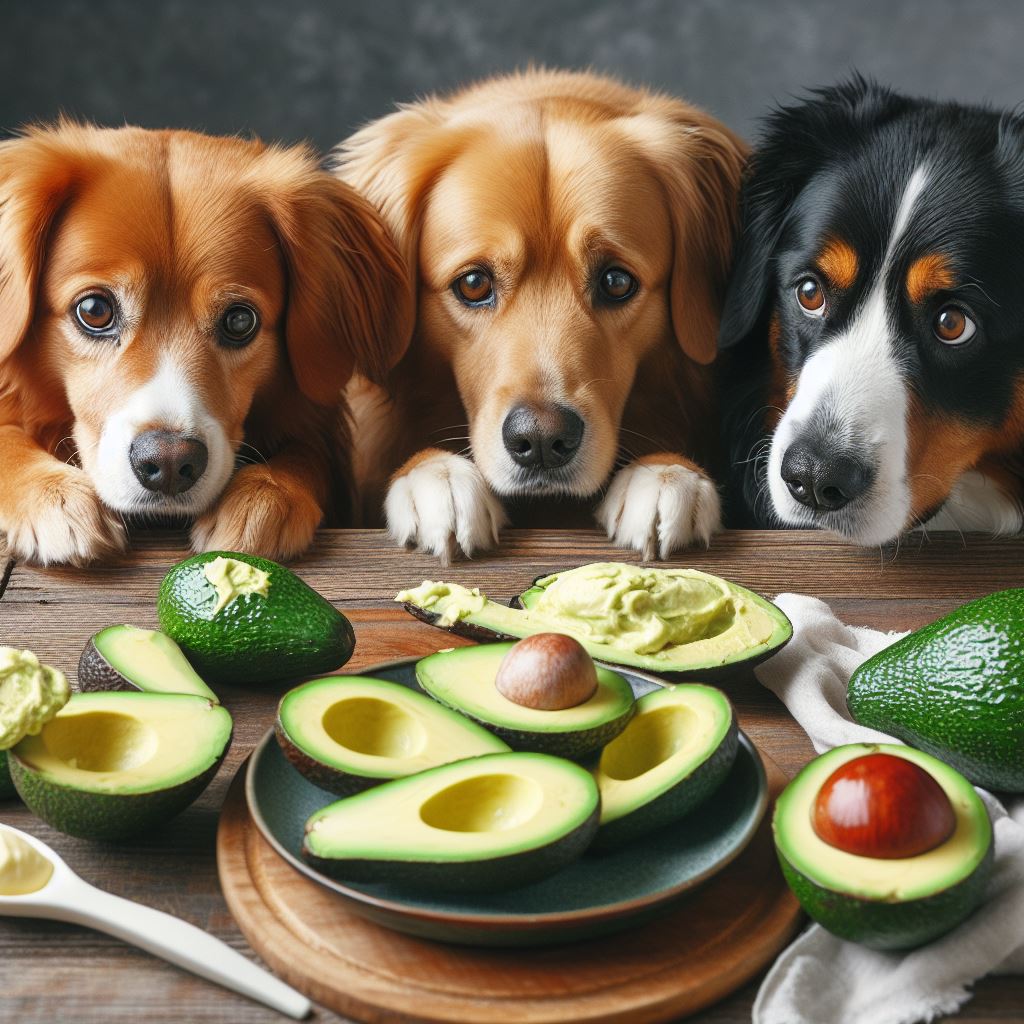 three dogs looking at some freshly cut open avocados