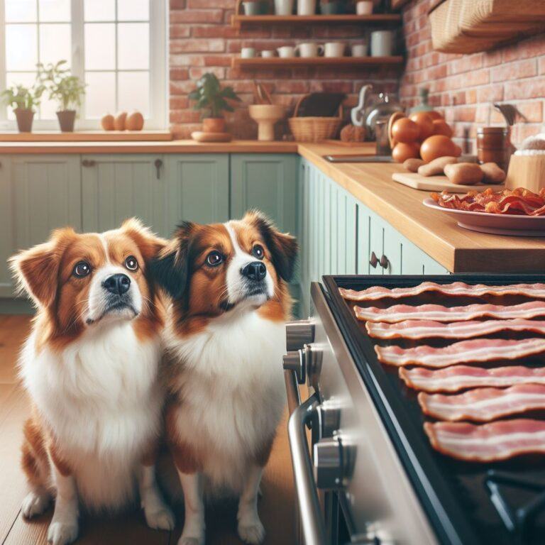 two dogs looking up at some bacon slices being cooked in a kitchen