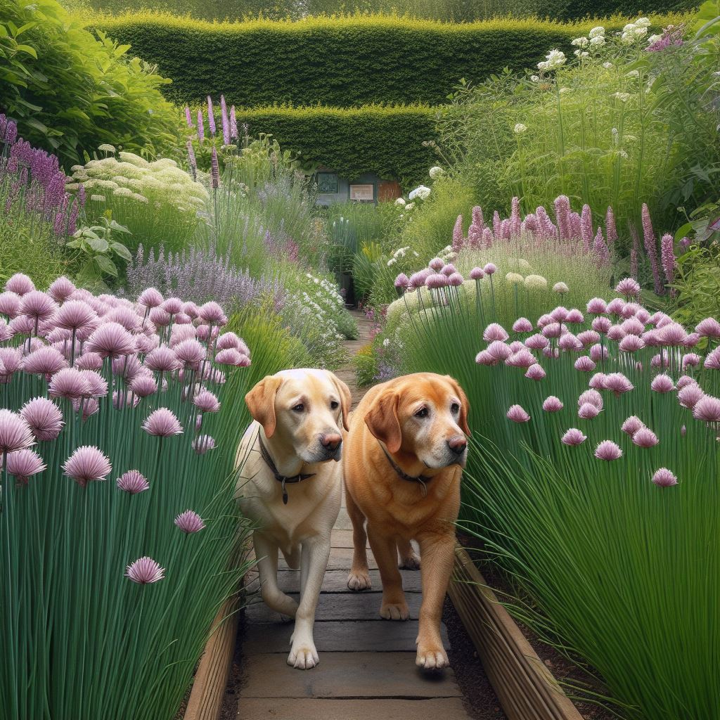 a couple of dogs walking through a chive plantation