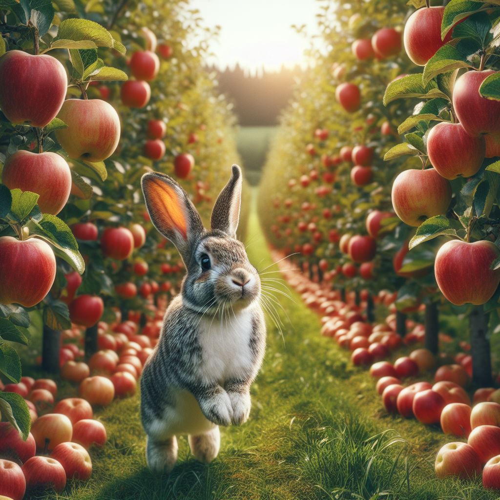 a rabbit jumping around and enjoying himself in an apple orchard