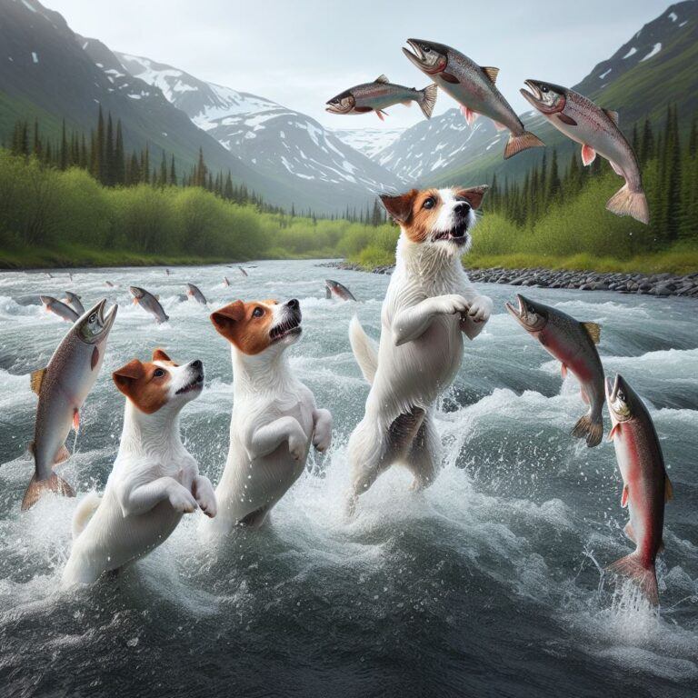 three jack russell dogs trying to catch some salmon jumping up a river