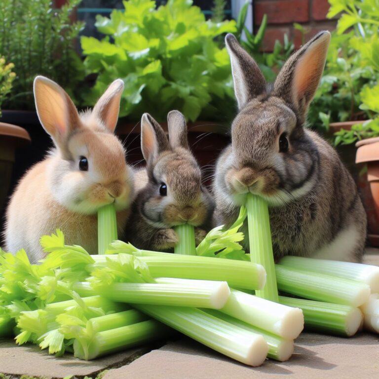 three rabbits munching on some celery sticks out in the garden