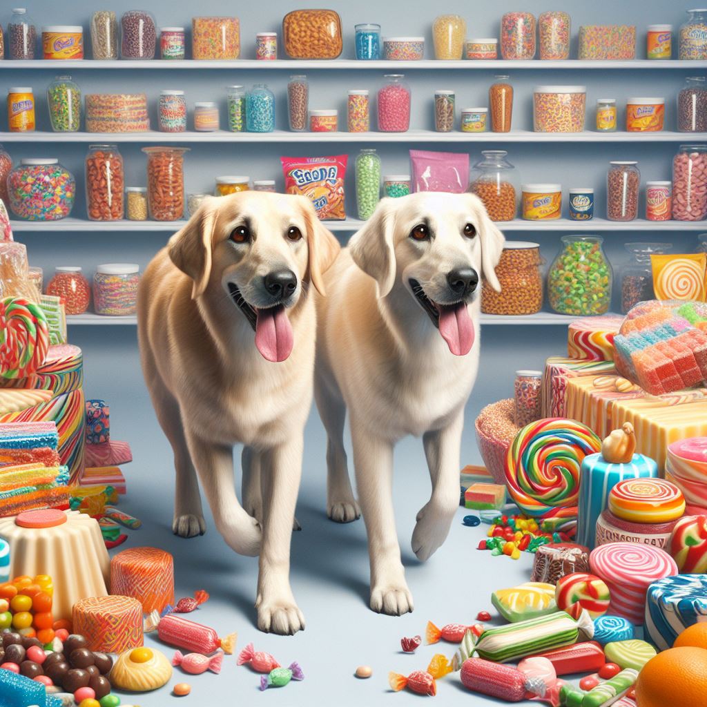 two light coloured dogs in a sweet shop