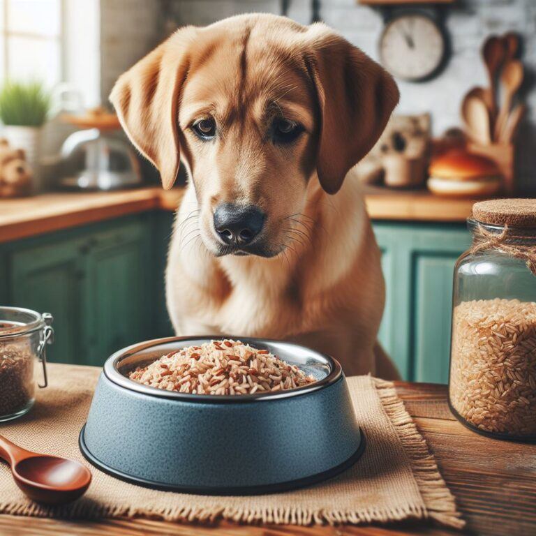 a brown dog looking at a bowl of brown rice on the kitchen table