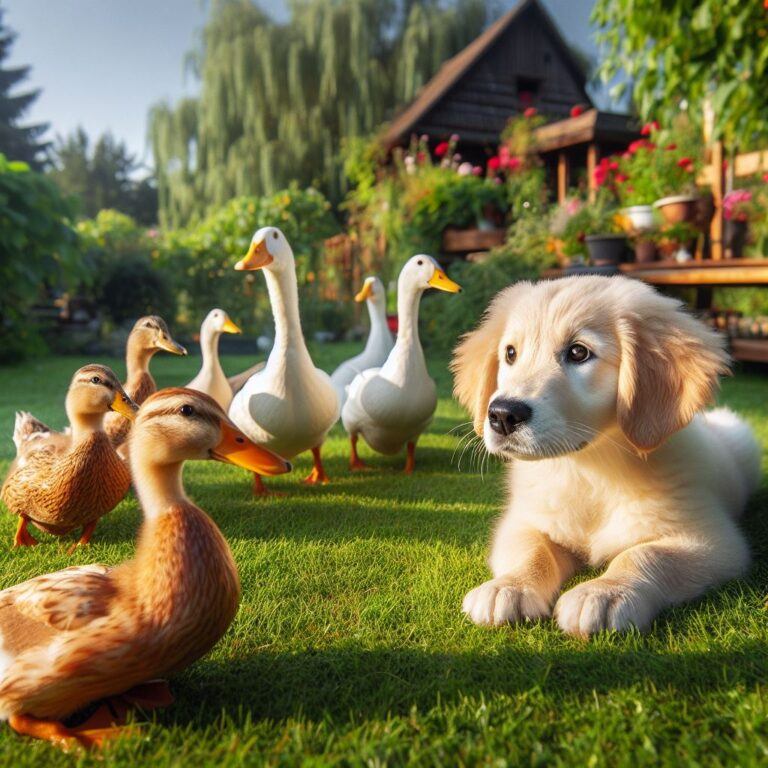 a cute dog in a garden surounded by some ducks