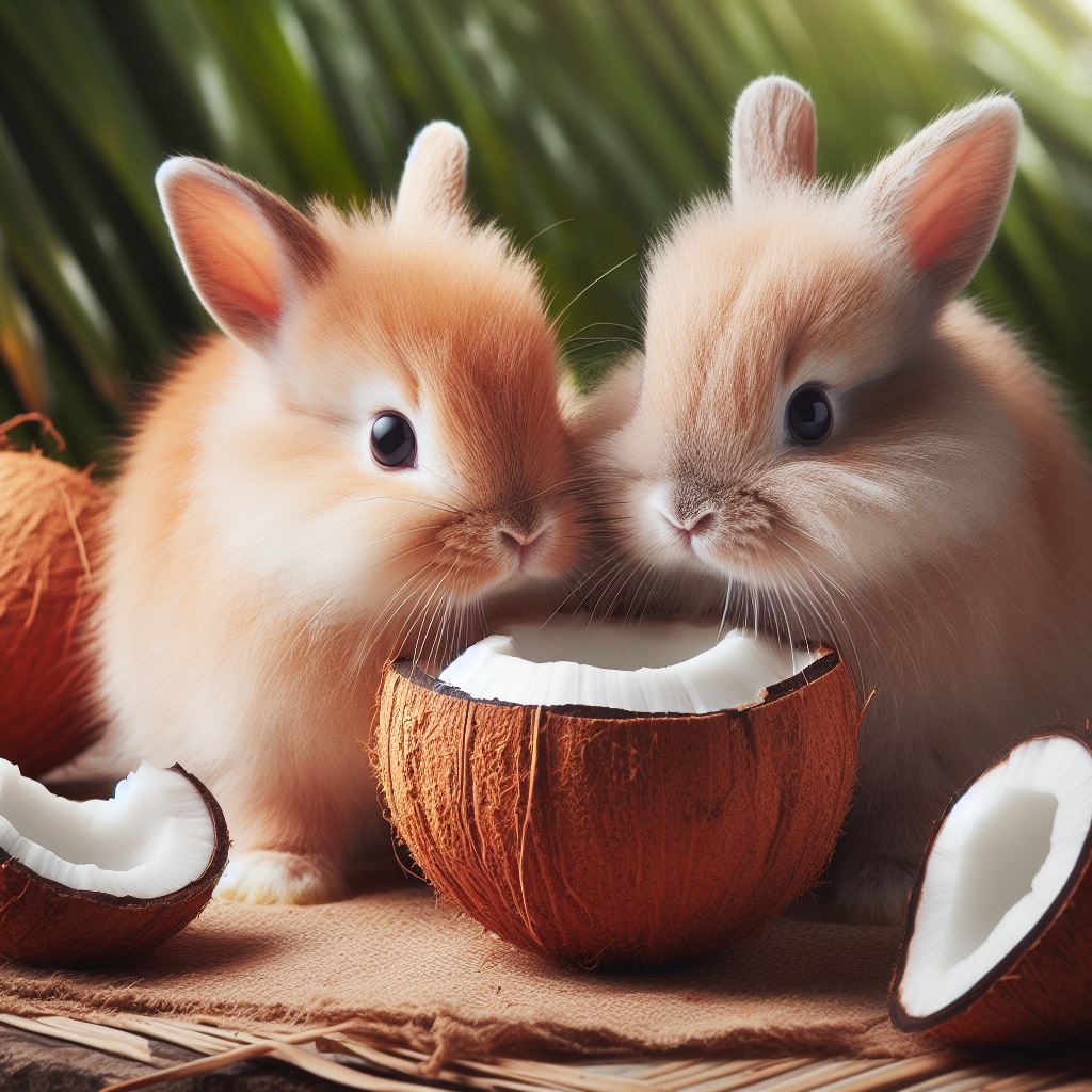 two rabbits looking at a freshley opened coconut