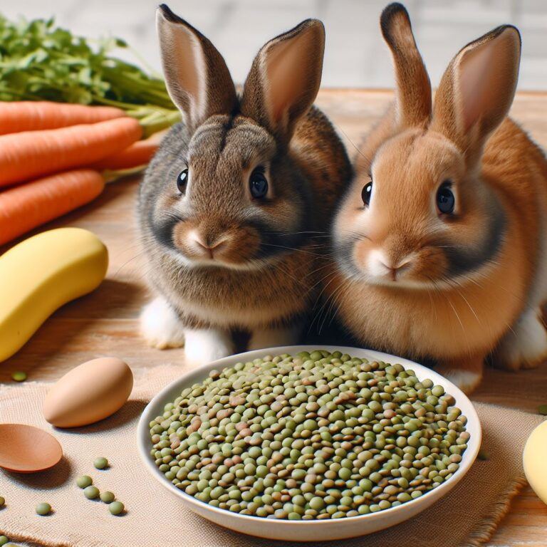 two rabbits looking at a bowl of fresh green lentils