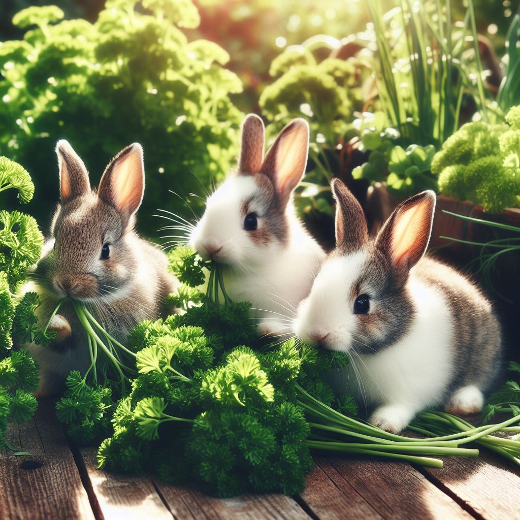 three happy bunnies eating some fresh parsley in a herb garden