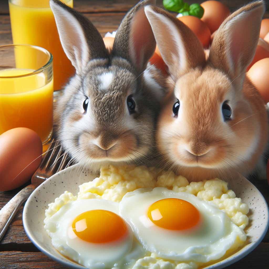 two rabbits looking to eat some freshly fried eggs on a breakfast table