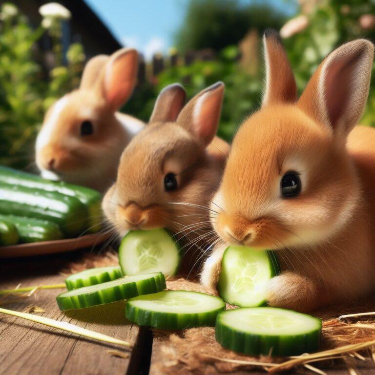 three rabbits eating some fresh slices of cucumber