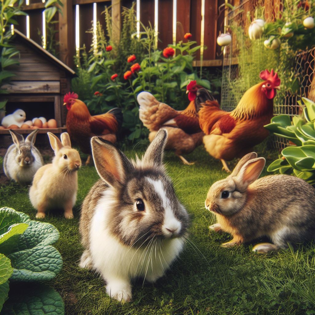 some rabbits in a garden with a couple of chickens walking around behind them