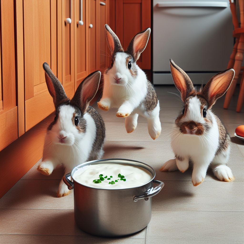 three rabbits hopping around a pot full of yoghurt on a kitchen floor