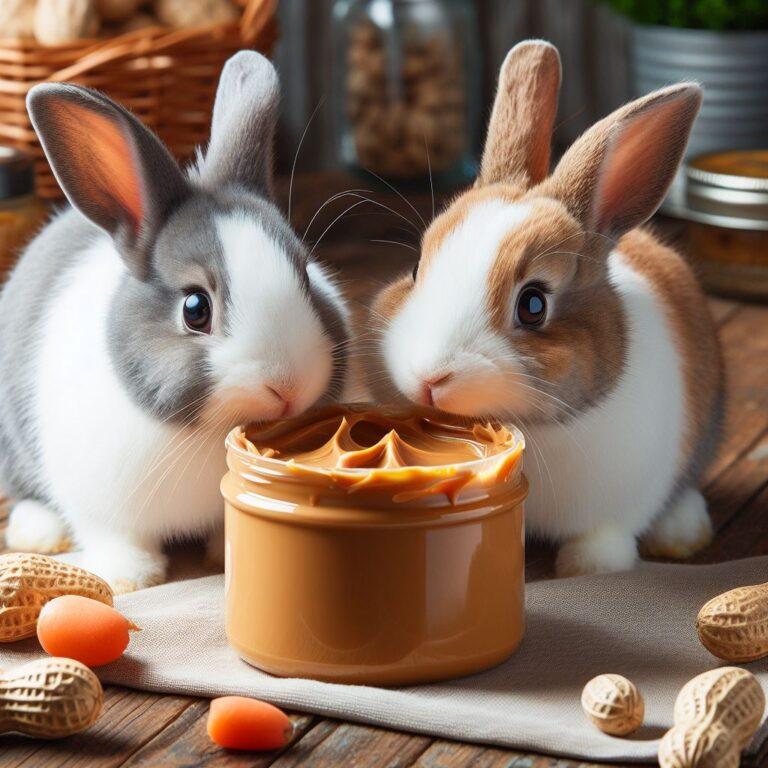 two rabbits eating some peanut butter from a glass jar