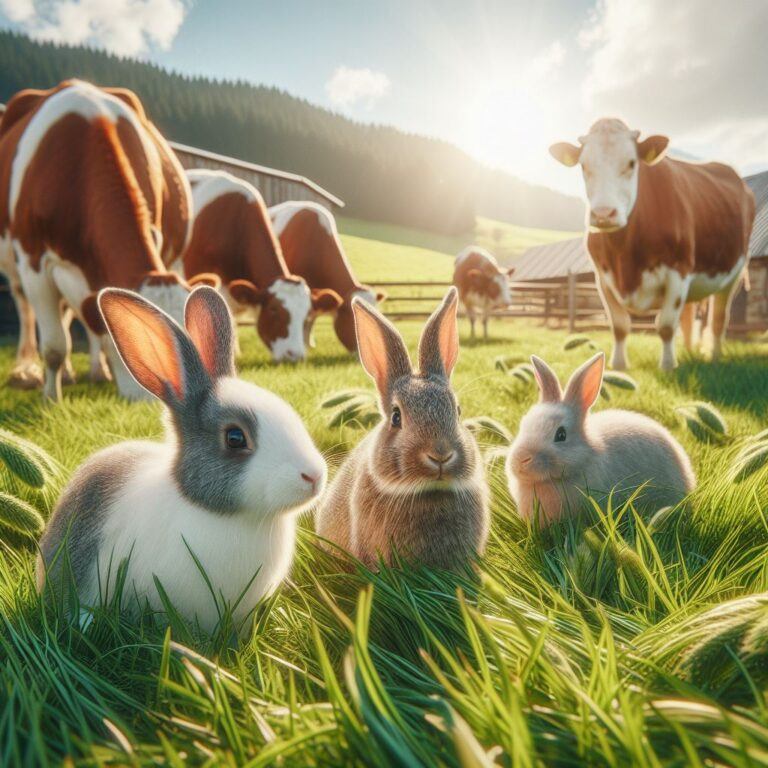 three rabbits eating grass in a field with some cows in the background