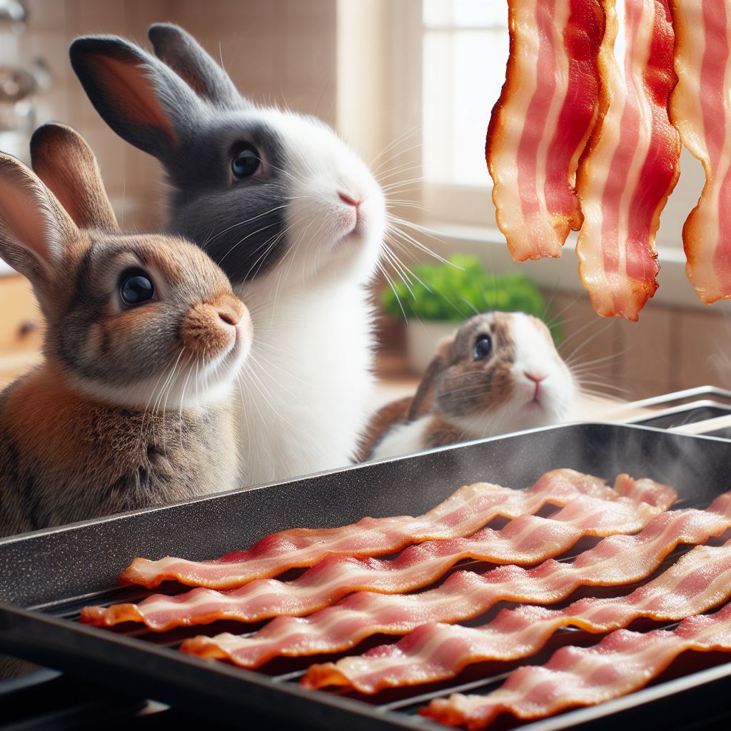 three rabbits staring at some bacon cooking in the kitchen