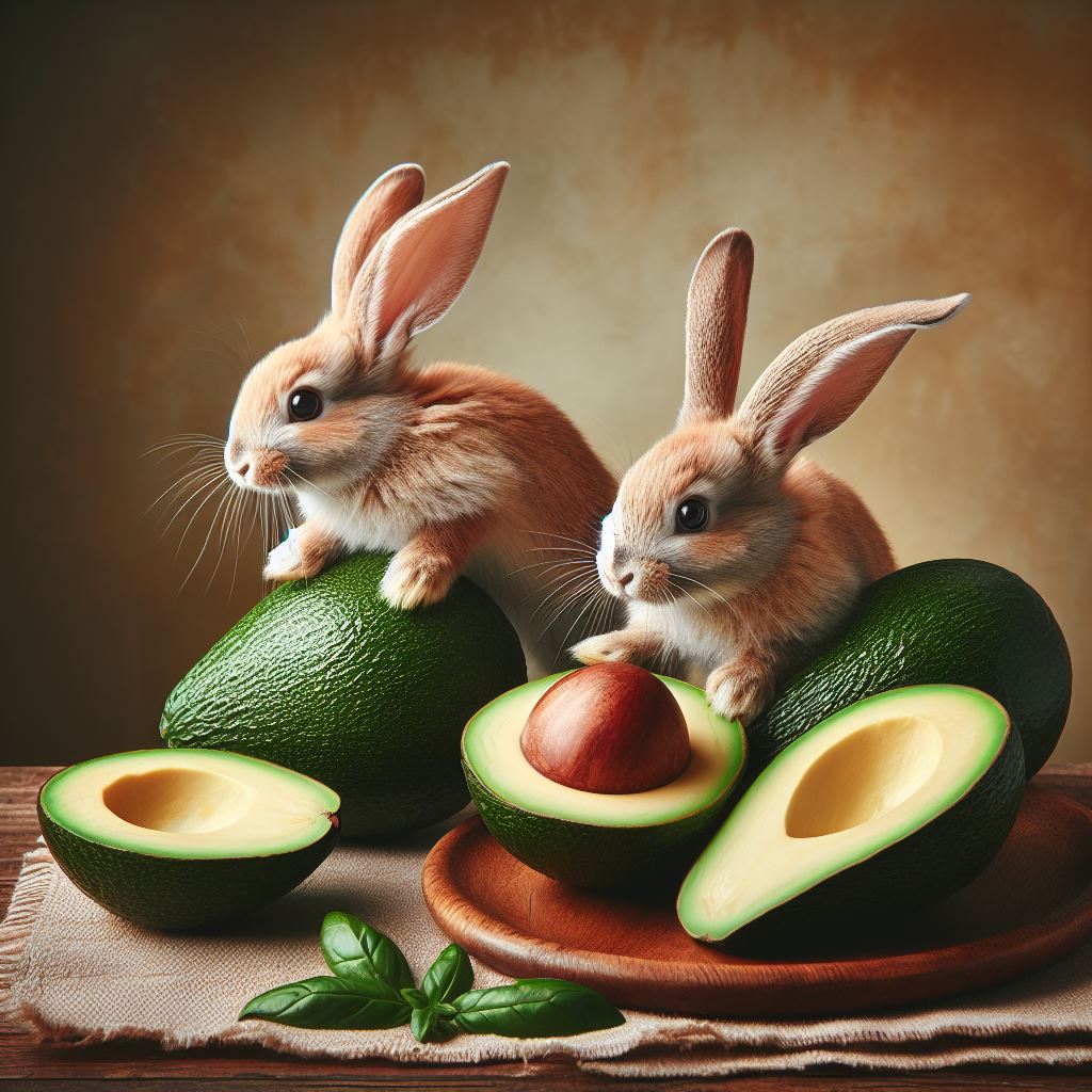 two rabbits looking at some freshly cut open avocado