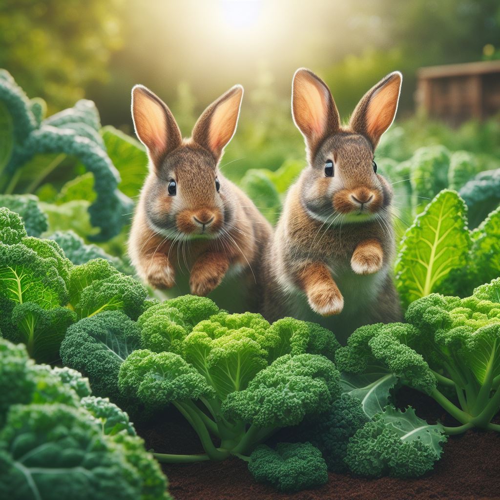 two rabbits hopping through a small fresh kale plantation