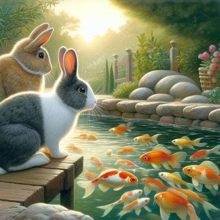 two rabbits looking at some fish swimming in a pond