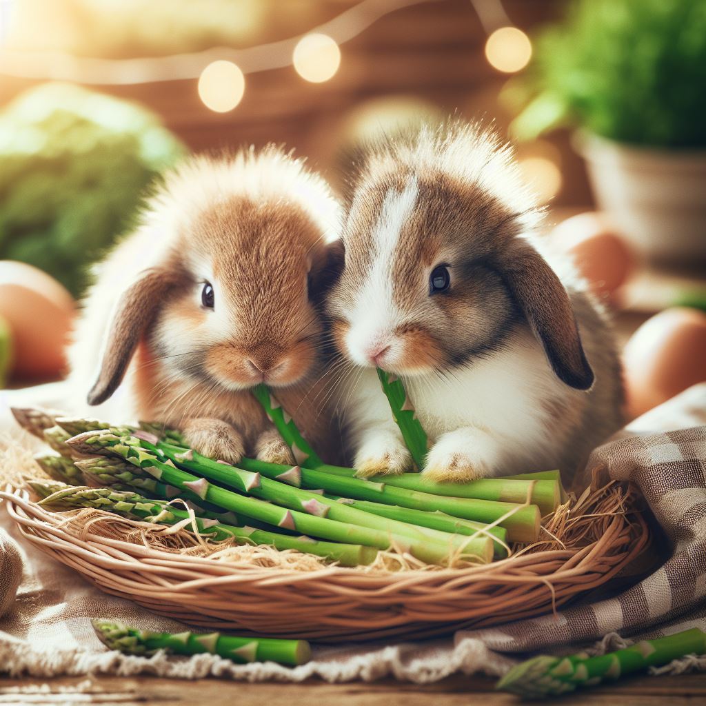 two cute bunnies eating some asparagus from a weaved bowl on a sunny day