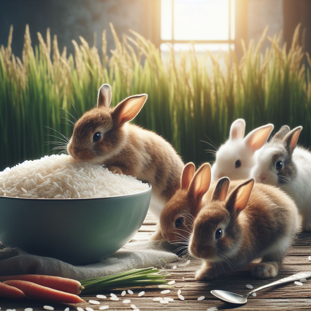 some bunnies looking at a huge bowl of white rice