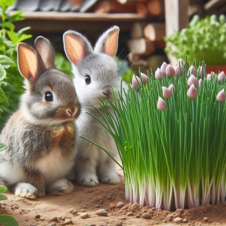 two rabbits looking at some fresh chives growing in a garden