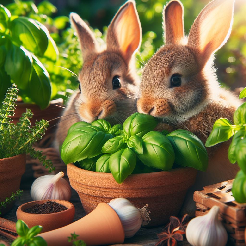 two rabbits munching on some fresh basil in a garden