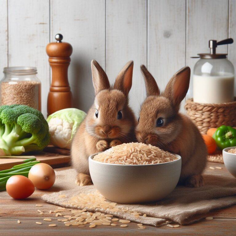 two rabbits looking at a bowl of brown rice in the kitchen