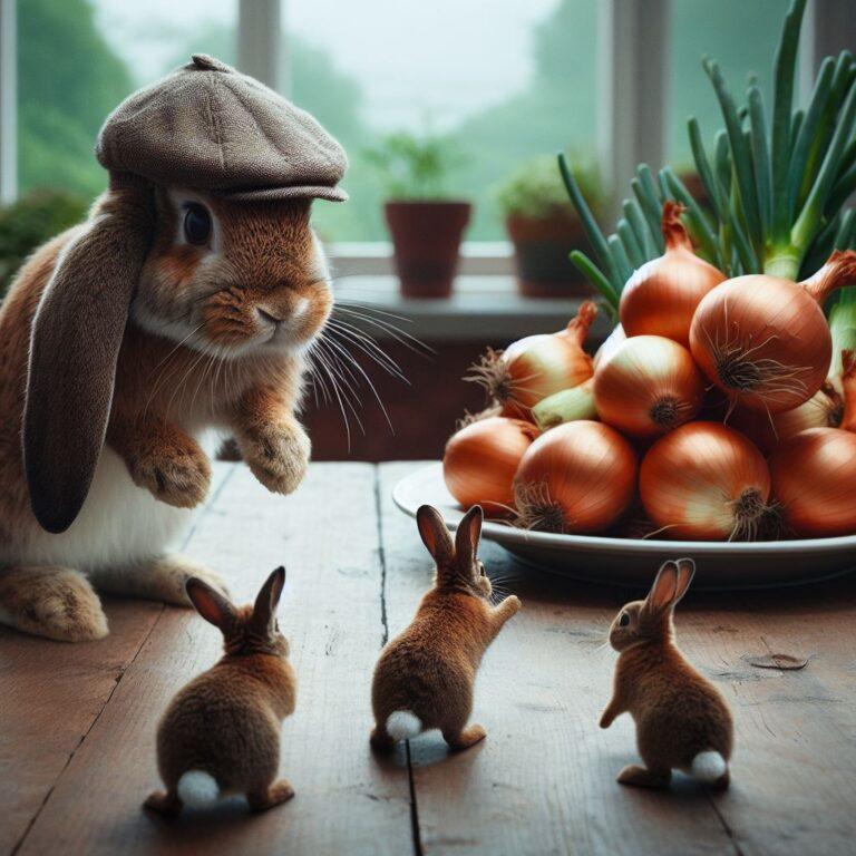 four rabbits looking at a plate of onions on a kitchen table