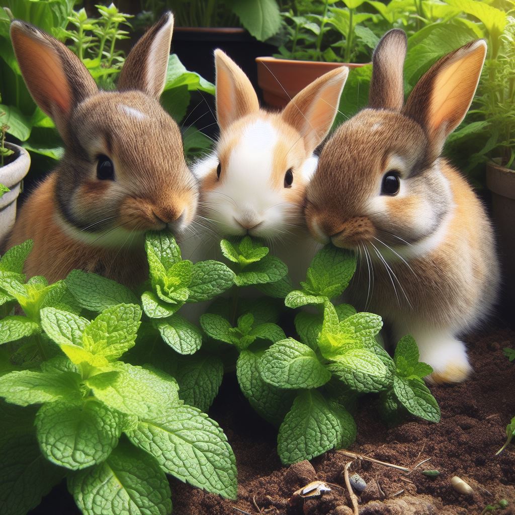 three rabbits eating some fresh mint from the garden