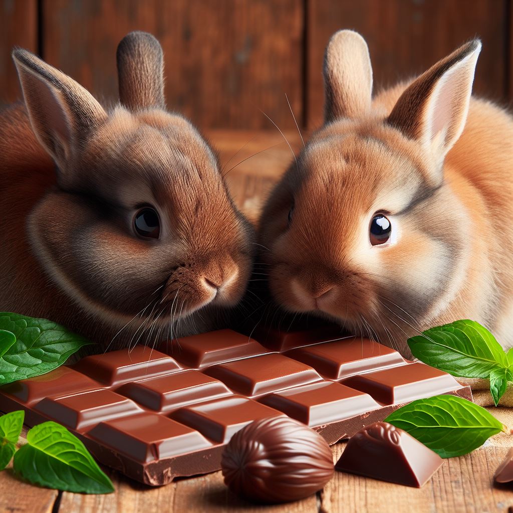 two rabbits looking at an open bar of fresh chocolate