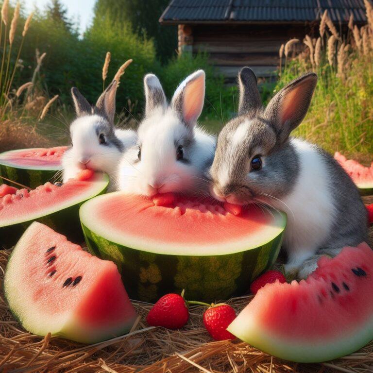 a couple of rabbits munching away on a slice or two of fresh watermelon