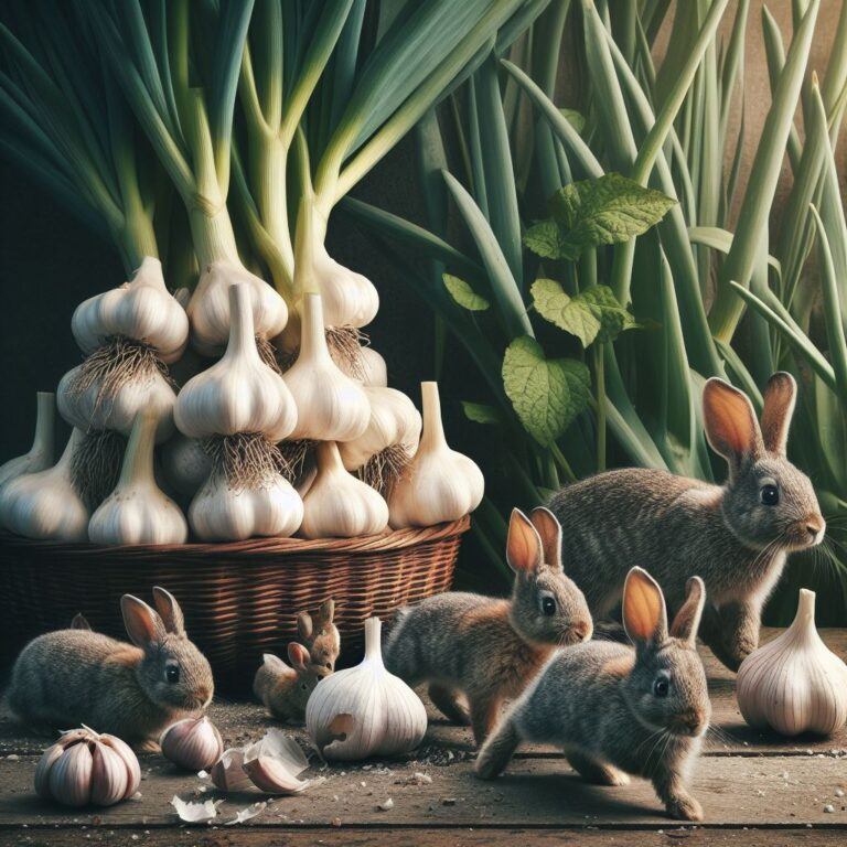 some rabbits running away from a garlic plant