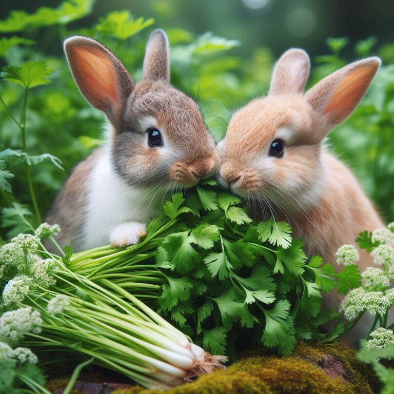 two rabbits eating some fresh coriander in a garden