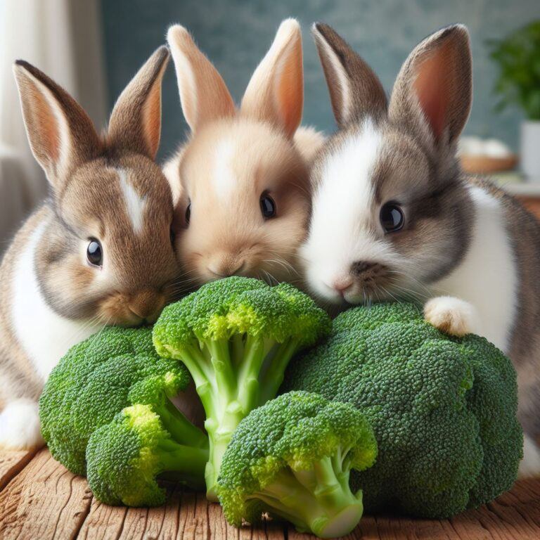 three rabbits eating some fresh broccoli florets