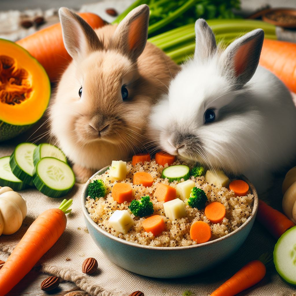 two cute bunnies eating a bowl of quinoa and fresh veggies