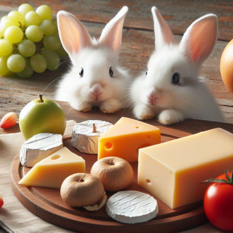 two rabbits looking at a tasty cheese board