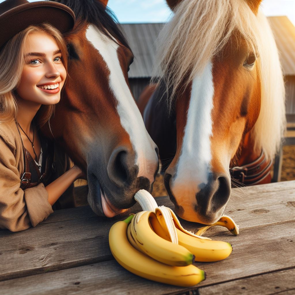 two healthy horses eating some fresh bananas