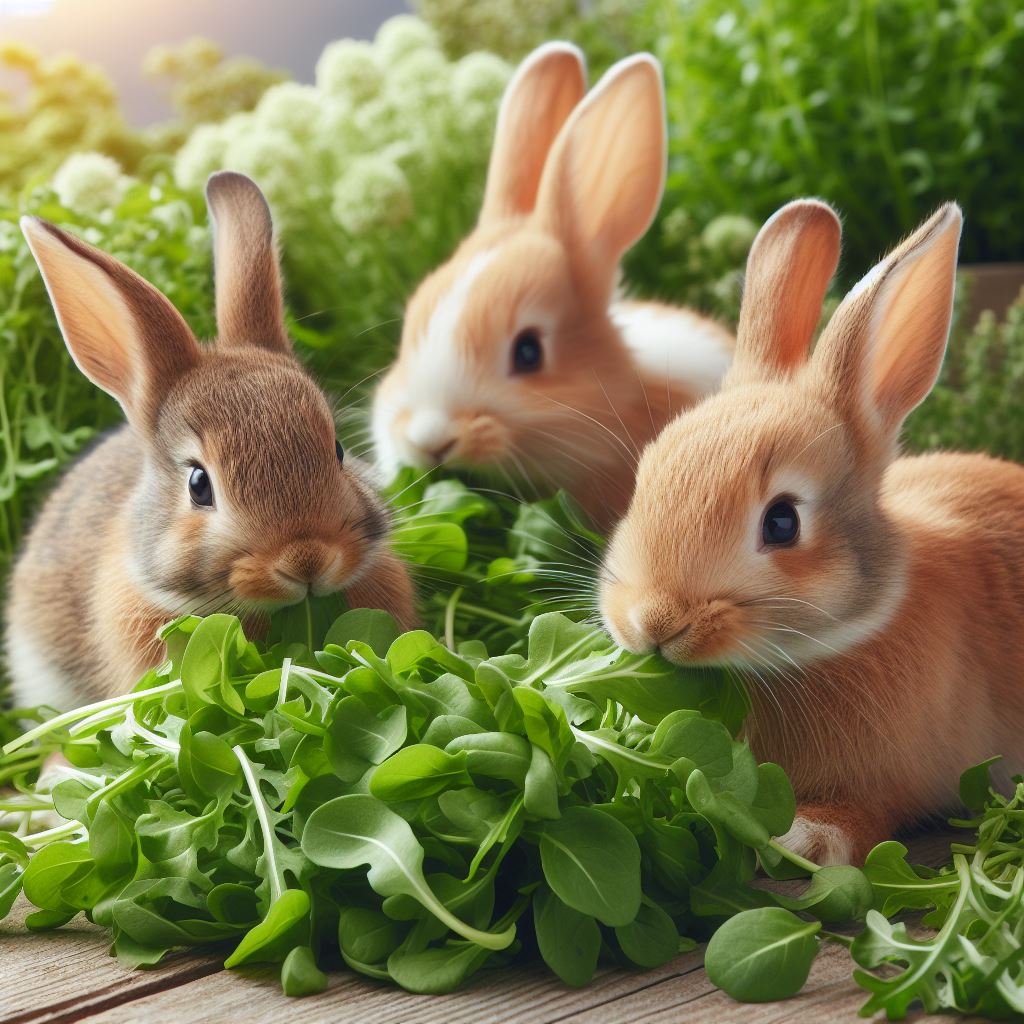 three rabbits eating some fresh arugula outside in the garden