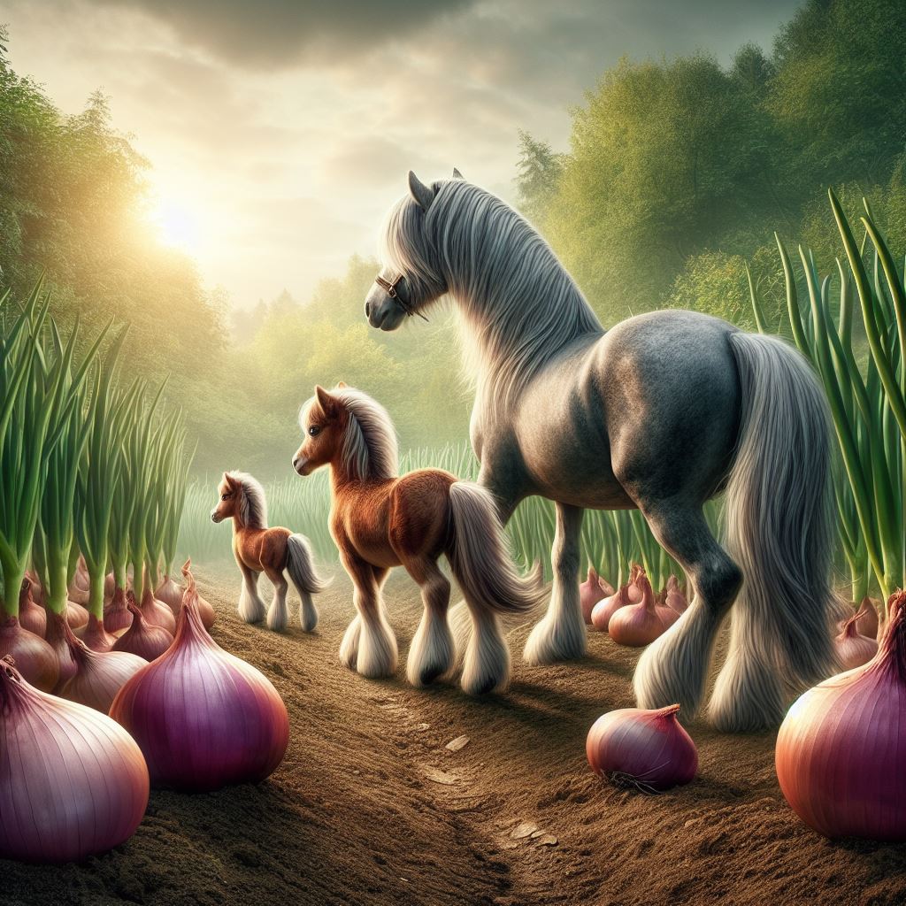 some horses walking through an onion plantation