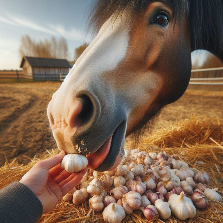 a horse eating some small pieces of fresh garlic