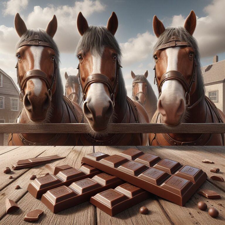 three horses looking disinterested in some chocolate in front of them