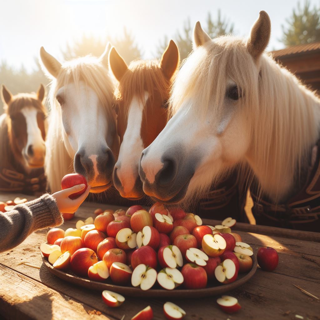 some horses eating from a pile of freshly sliced apples