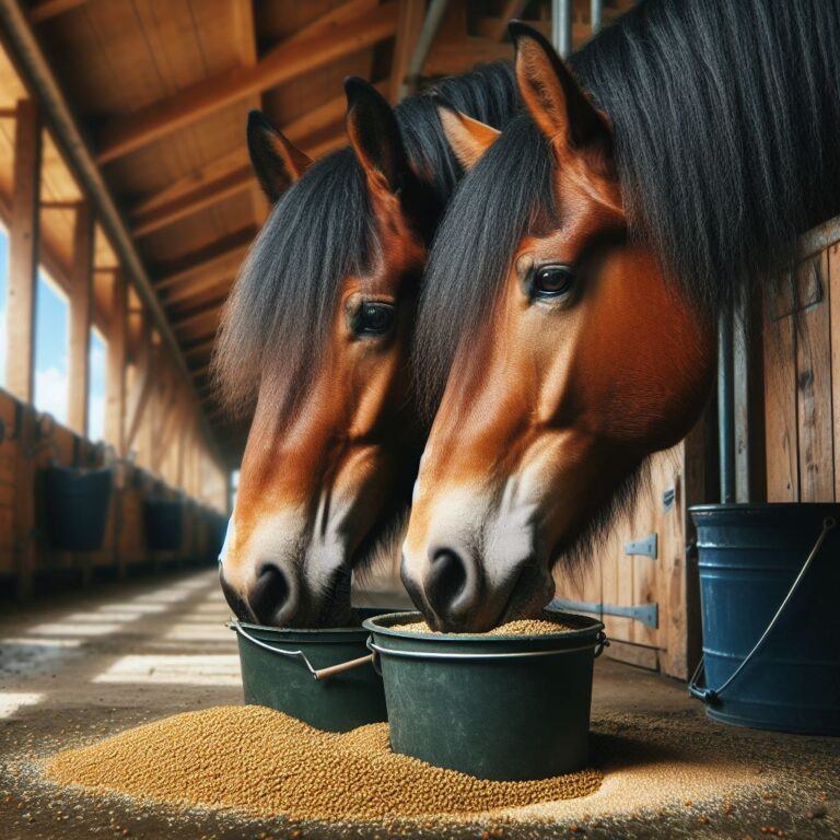 two healthy horses eating some freshly prepared barley from a bucket in a stable