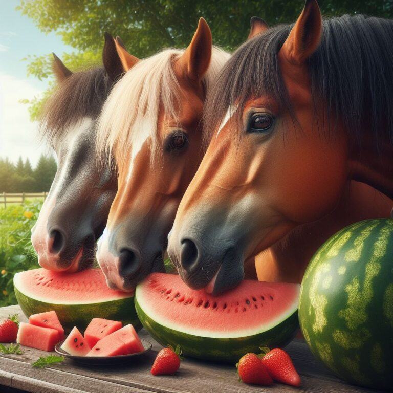 three horses eating some fresh sliced watermelon