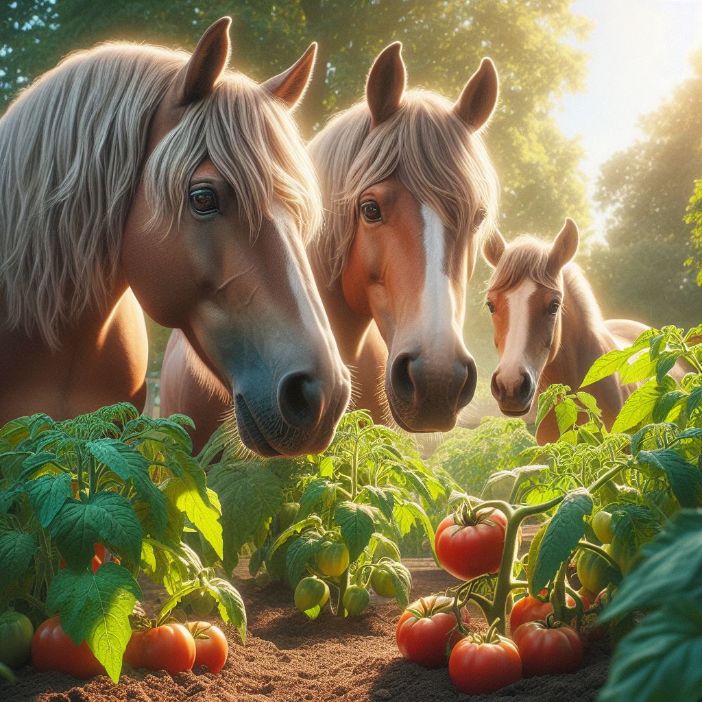 three horses looking at a tomato plant in a garden on a sunny day