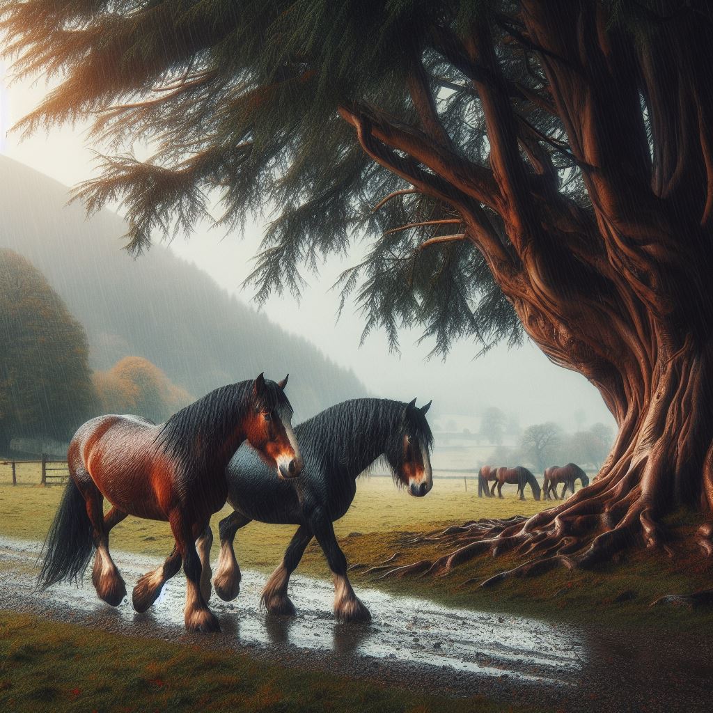 two horses walking past a large yew tree on a gloomy day