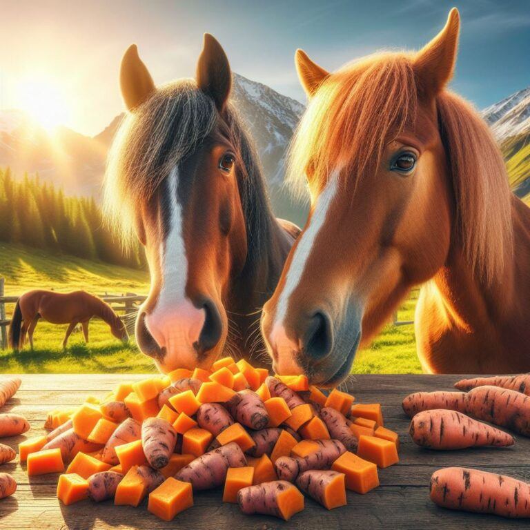 two horses eating some freshly cut up sweet potato on a sunny day